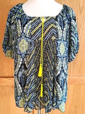 One World Blue Paisley Peasant Top M Boho Pleats Tassels Raglan Puff Sleeve